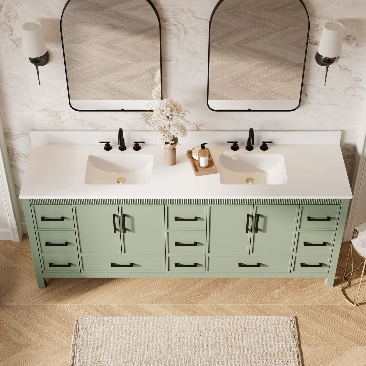 84 Inch Freestanding Solid Wood Bathroom Vanity with Pure White Quartz Countertop, 4 Soft-Close Doors & 11 Dovetail Drawers, SAGE GREEN