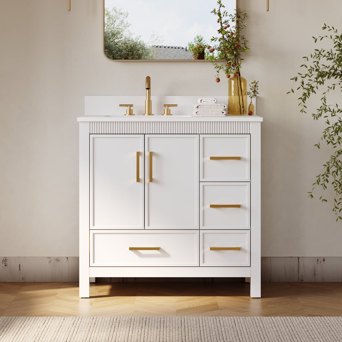36 Inch Freestanding Solid Wood Bathroom Vanity with Fluted Molding, Pure White Quartz Countertop, White