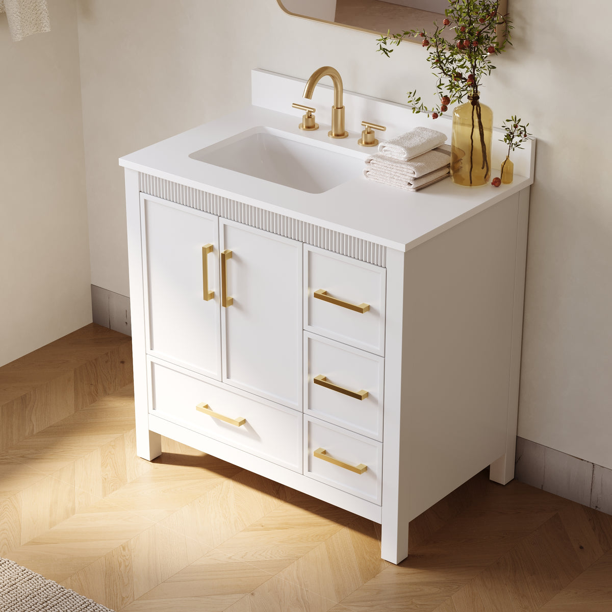 36 Inch Freestanding Solid Wood Bathroom Vanity with Fluted Molding, Pure White Quartz Countertop, White