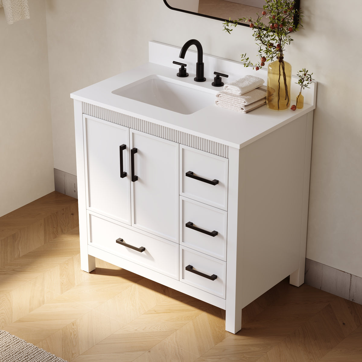 36 Inch Freestanding Solid Wood Bathroom Vanity with Fluted Molding, Pure White Quartz Countertop, White