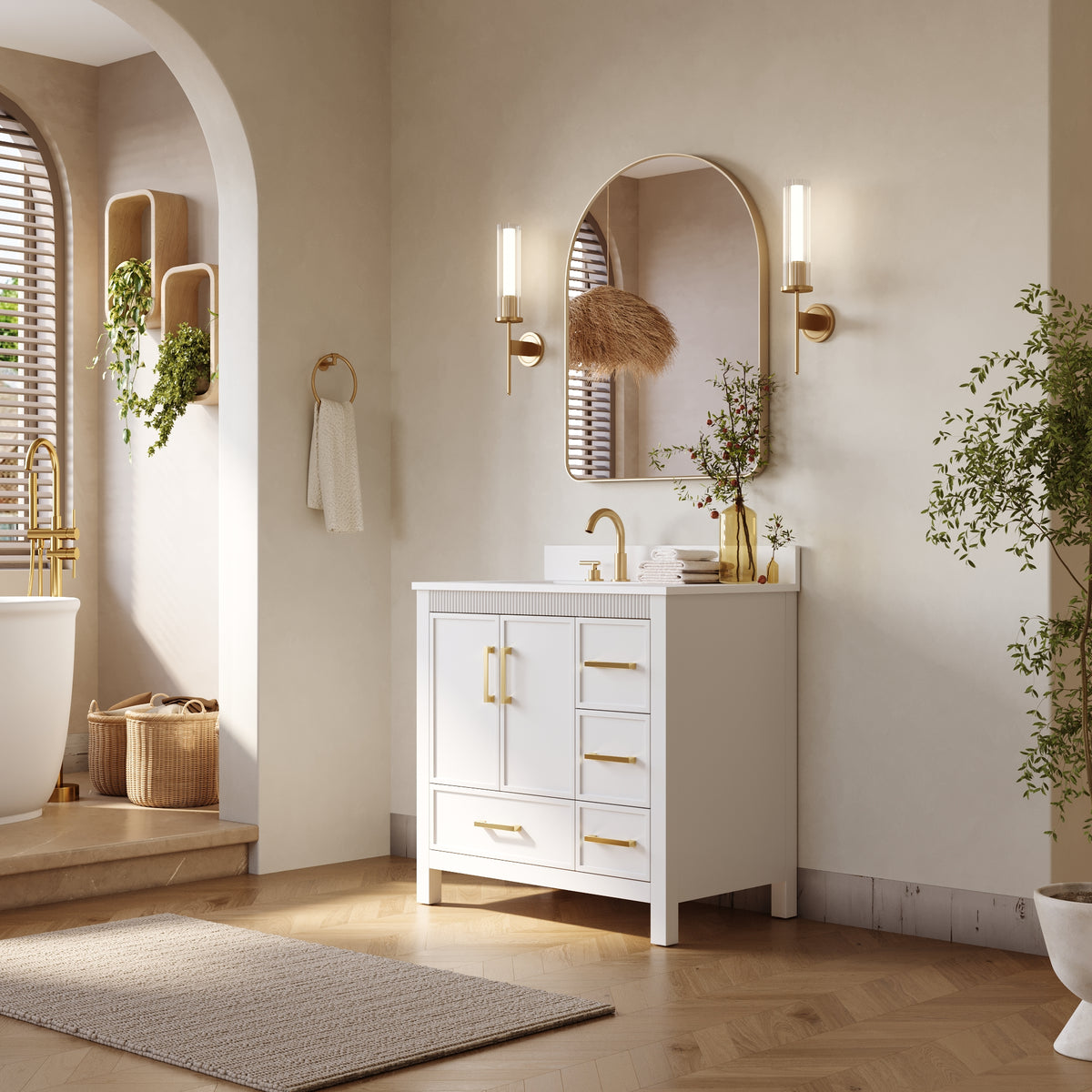 36 Inch Freestanding Solid Wood Bathroom Vanity with Fluted Molding, Pure White Quartz Countertop, White