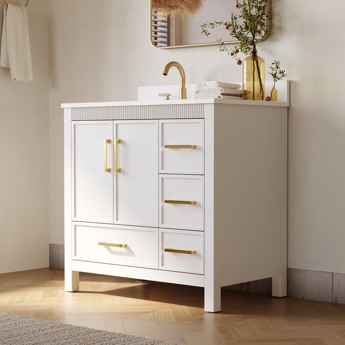 36 Inch Freestanding Solid Wood Bathroom Vanity with Fluted Molding, Pure White Quartz Countertop, White