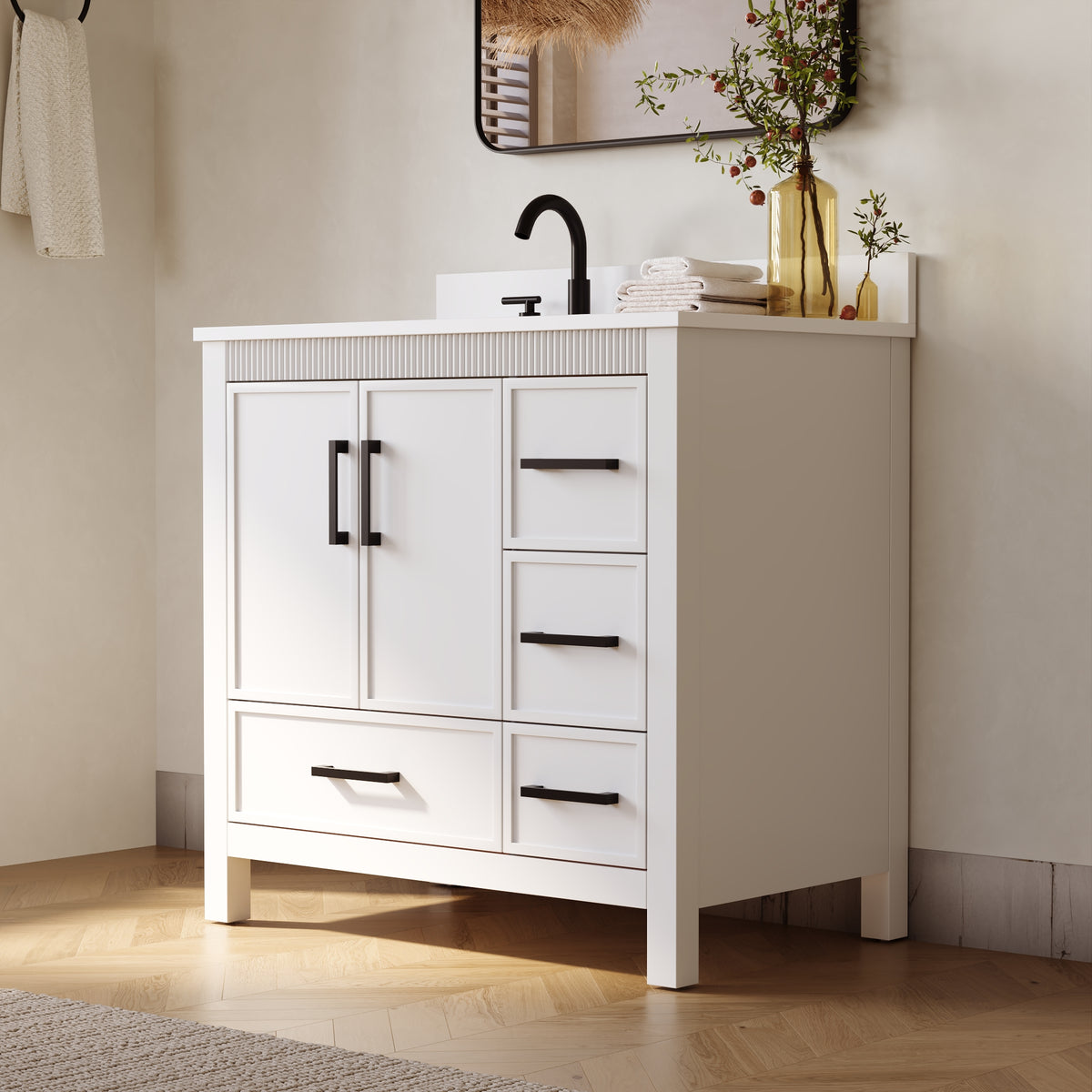36 Inch Freestanding Solid Wood Bathroom Vanity with Fluted Molding, Pure White Quartz Countertop, White