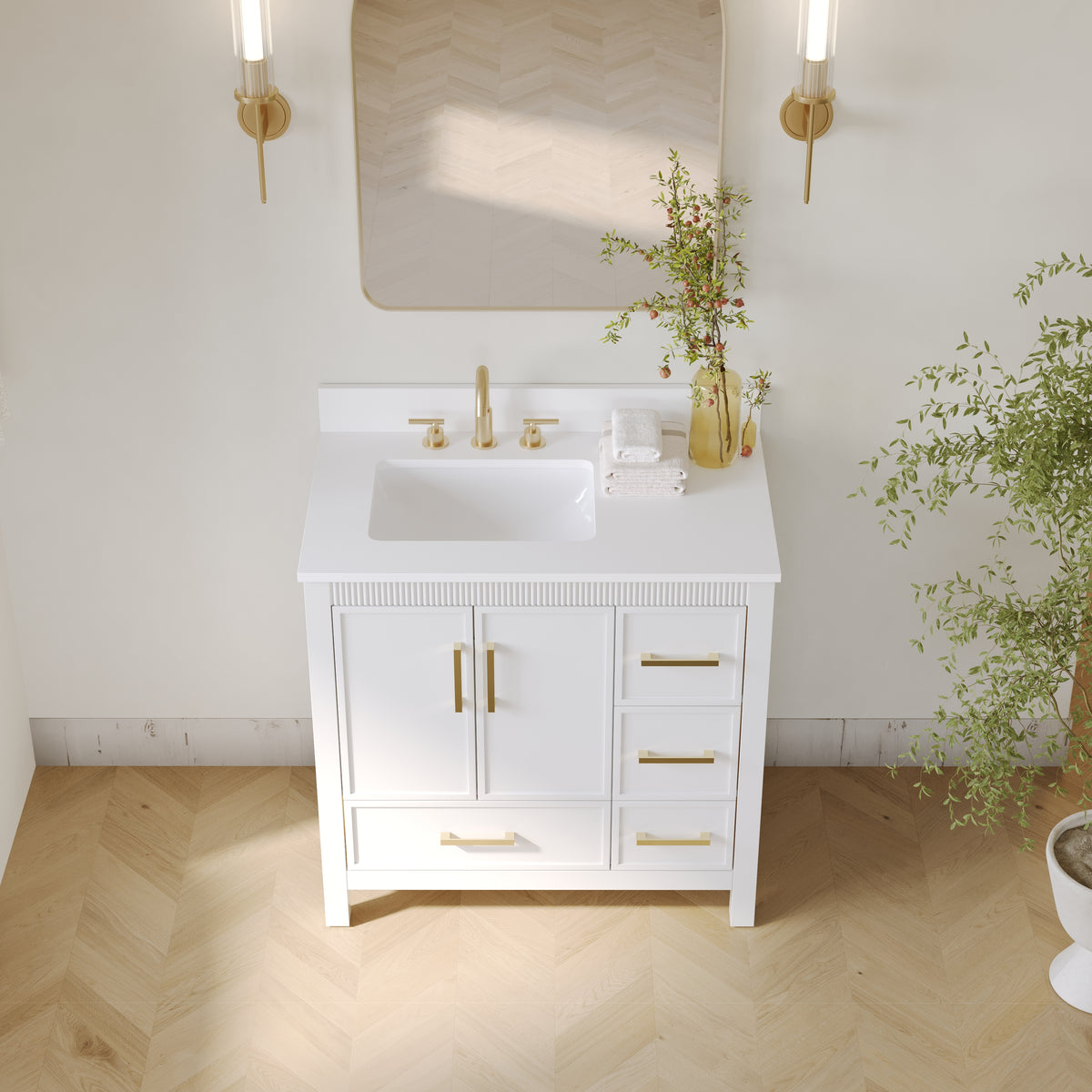 36 Inch Freestanding Solid Wood Bathroom Vanity with Fluted Molding, Pure White Quartz Countertop, White