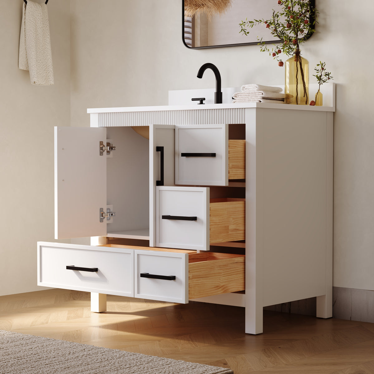 36 Inch Freestanding Solid Wood Bathroom Vanity with Fluted Molding, Pure White Quartz Countertop, White