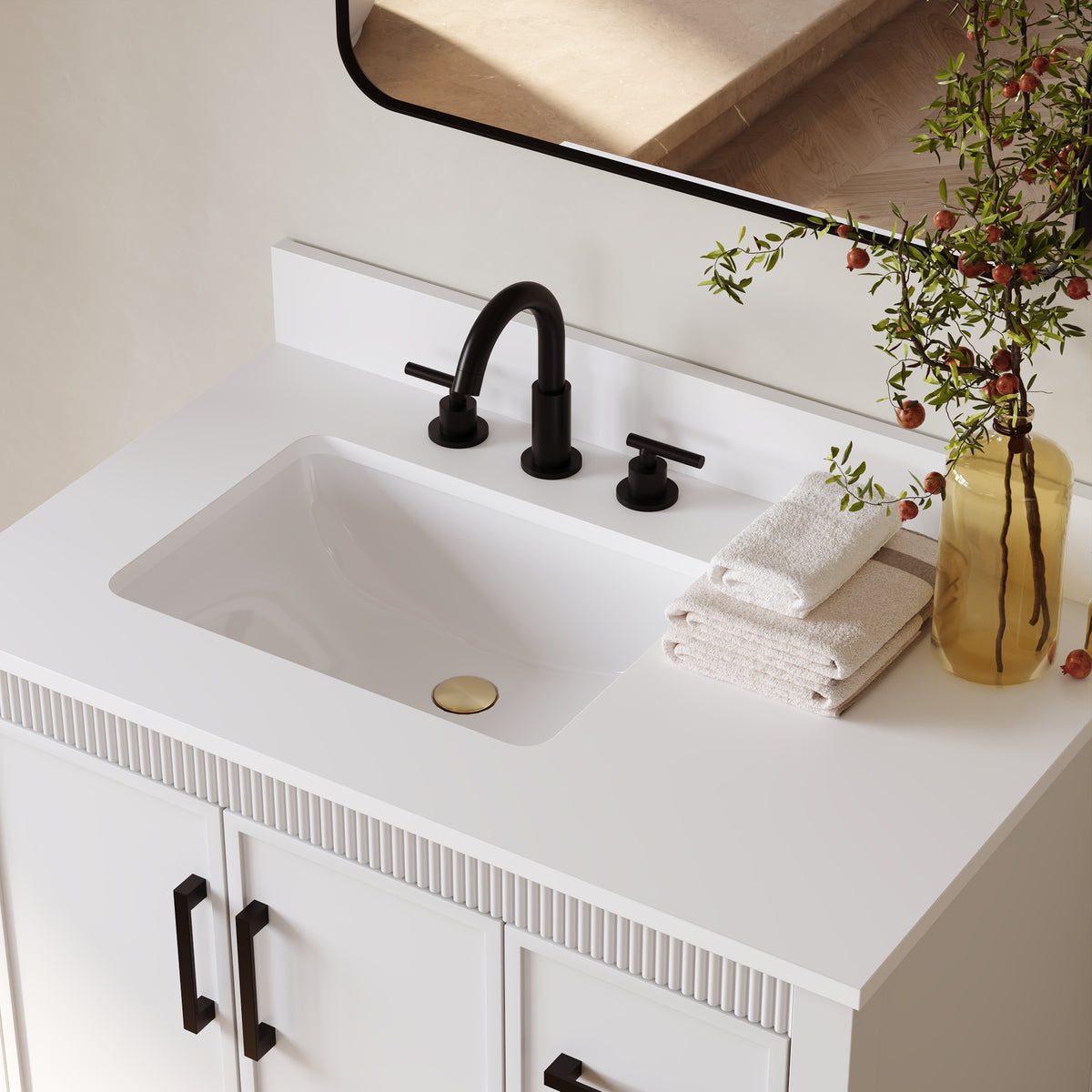36 Inch Freestanding Solid Wood Bathroom Vanity with Fluted Molding, Pure White Quartz Countertop, White