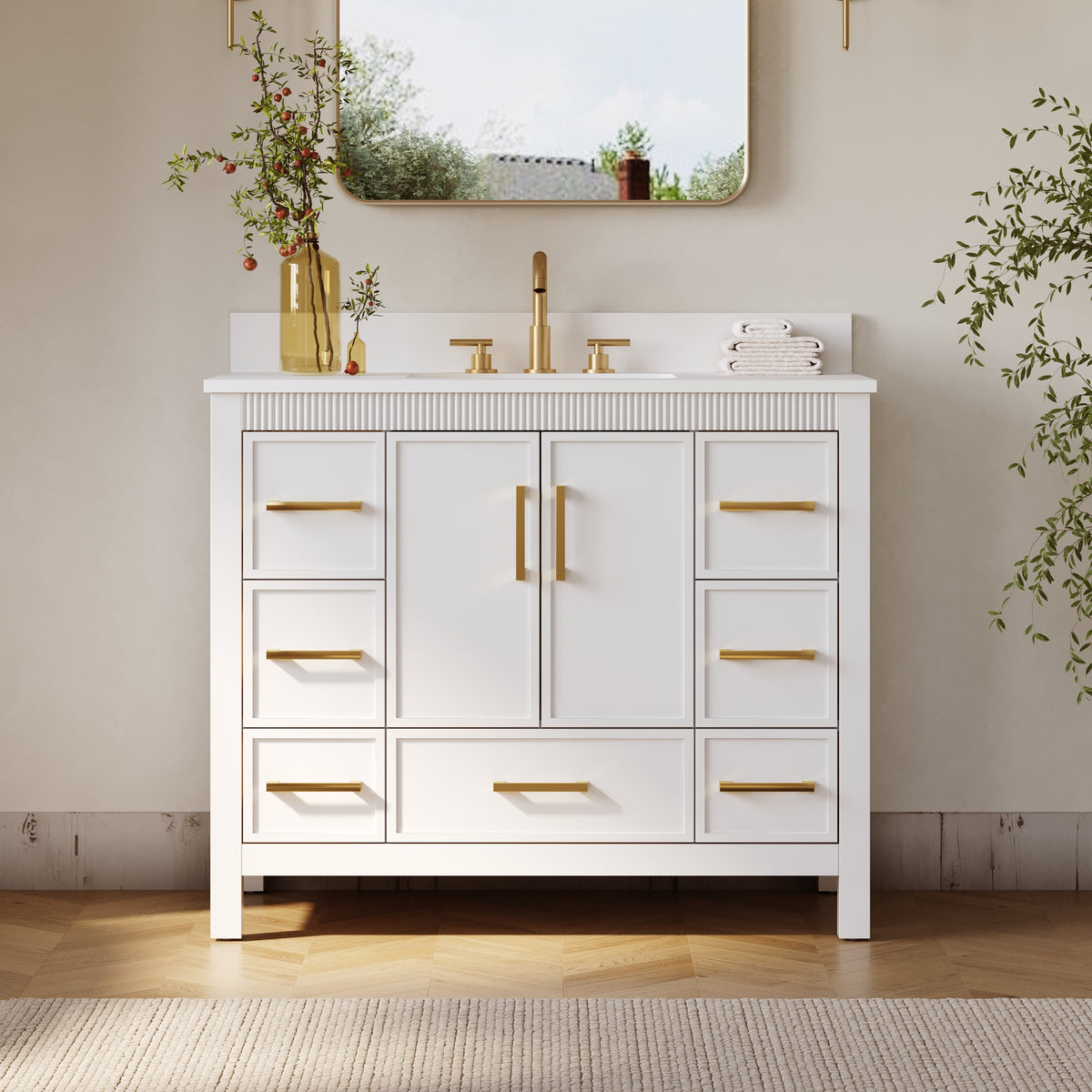 42 Inch Freestanding Solid Wood Bathroom Vanity with Fluted Molding, Pure White Quartz Countertop, White