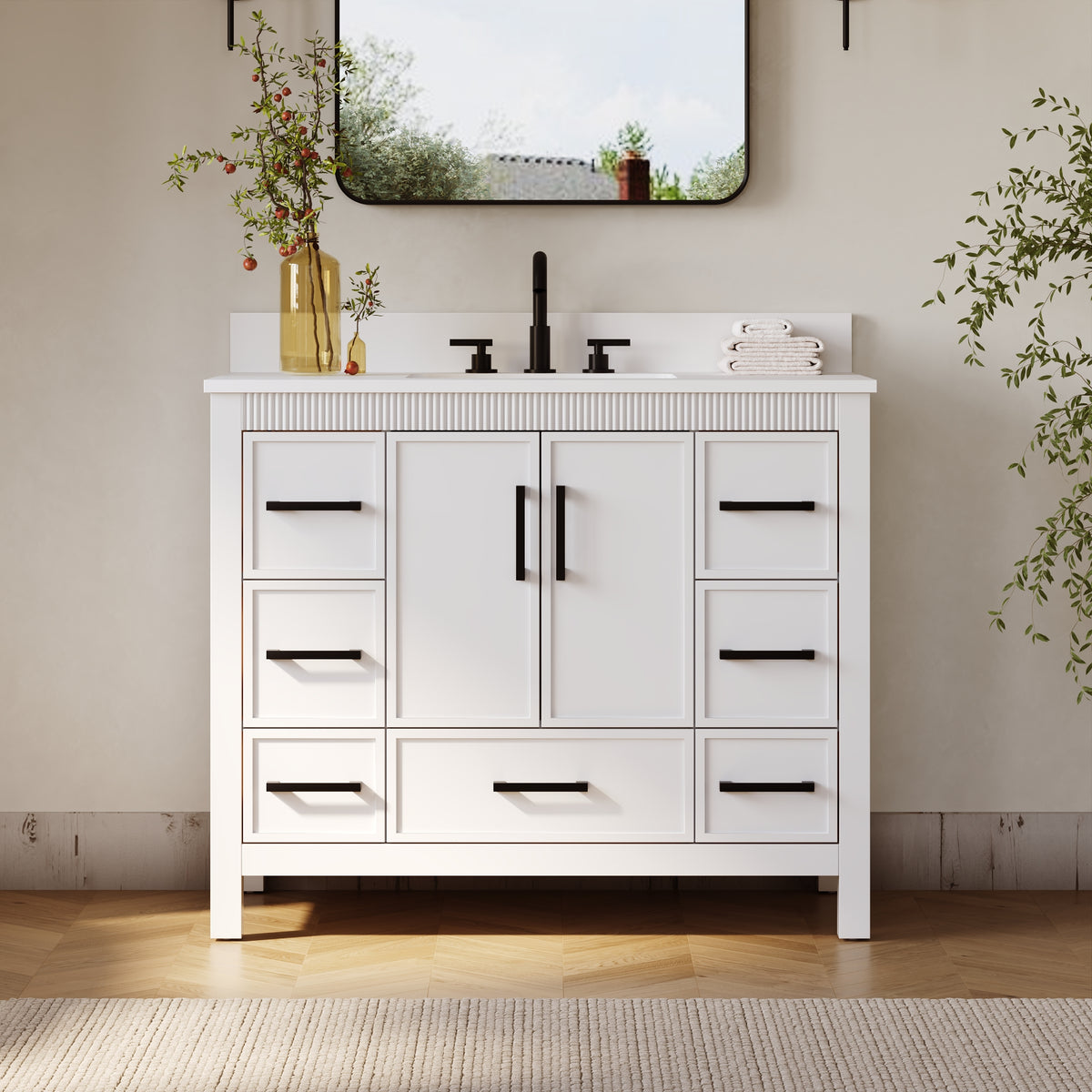 42 Inch Freestanding Solid Wood Bathroom Vanity with Fluted Molding, Pure White Quartz Countertop, White