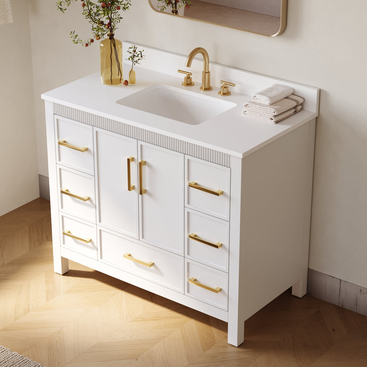 42 Inch Freestanding Solid Wood Bathroom Vanity with Fluted Molding, Pure White Quartz Countertop, White