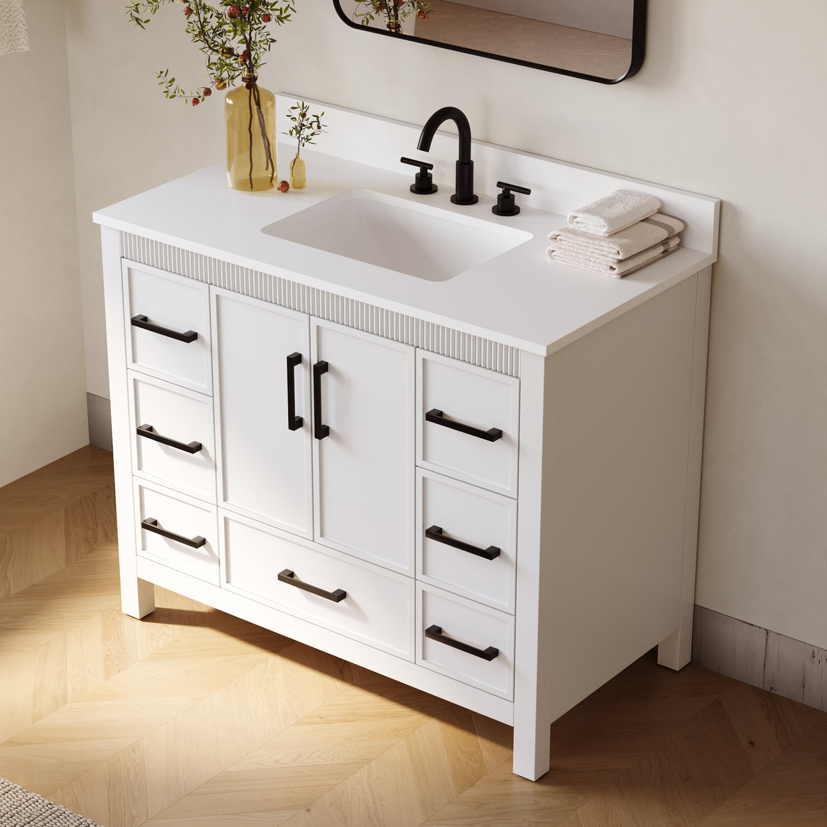 42 Inch Freestanding Solid Wood Bathroom Vanity with Fluted Molding, Pure White Quartz Countertop, White