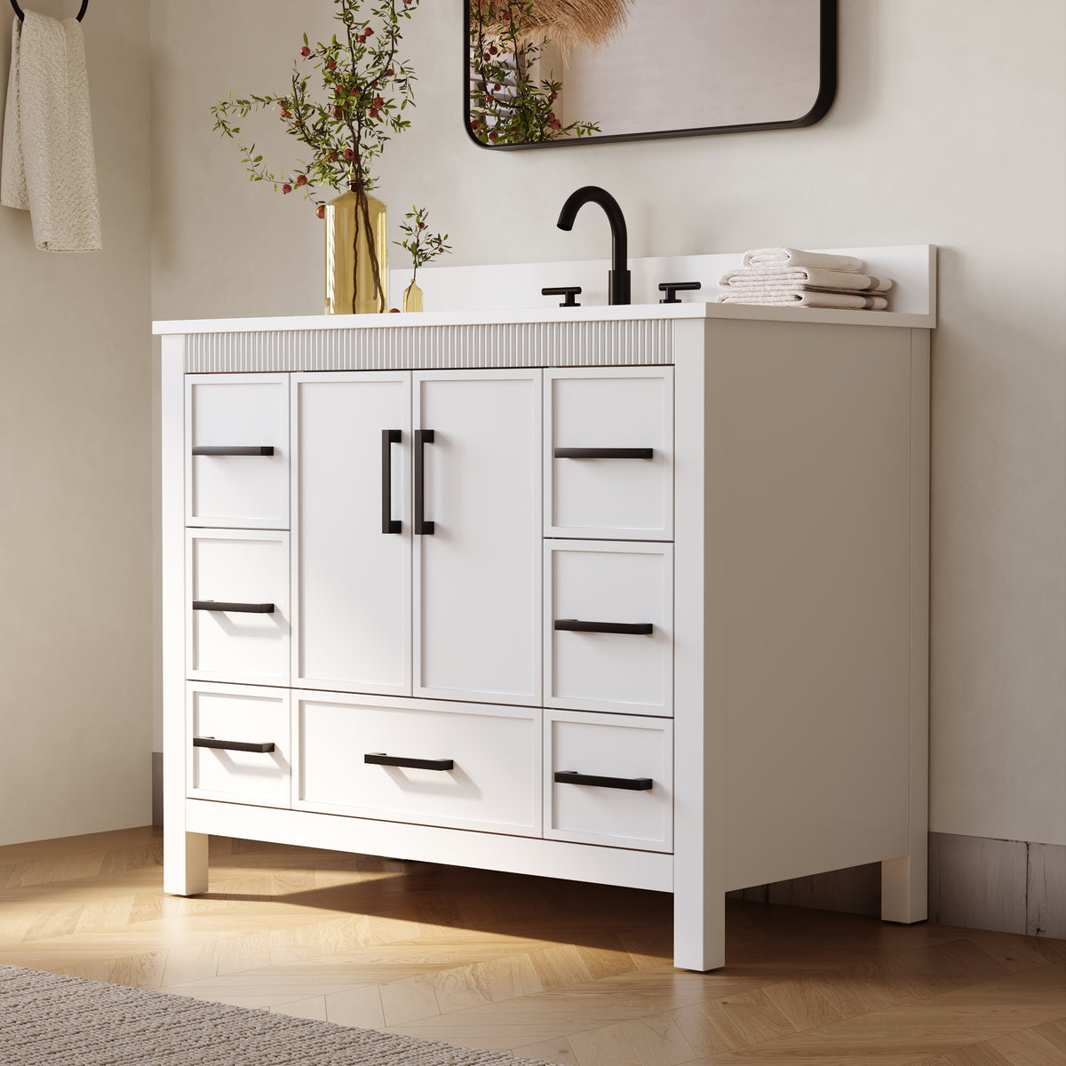 42 Inch Freestanding Solid Wood Bathroom Vanity with Fluted Molding, Pure White Quartz Countertop, White