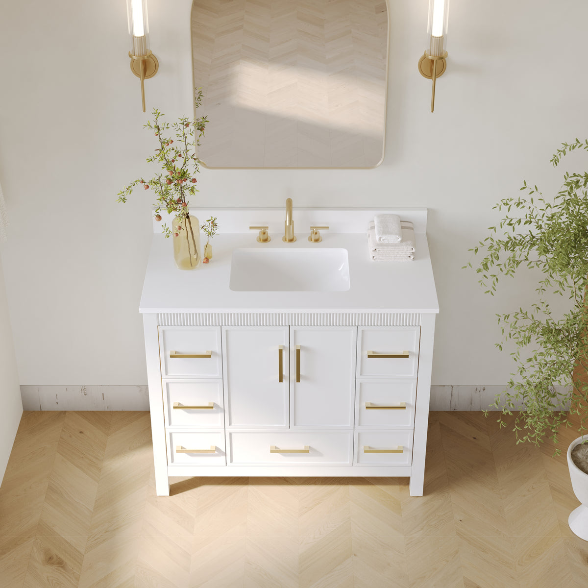42 Inch Freestanding Solid Wood Bathroom Vanity with Fluted Molding, Pure White Quartz Countertop, White