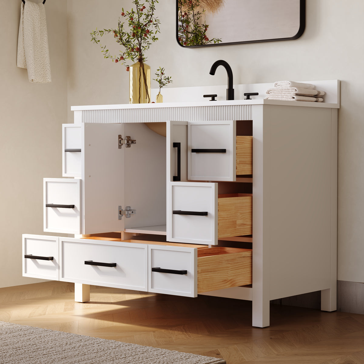 42 Inch Freestanding Solid Wood Bathroom Vanity with Fluted Molding, Pure White Quartz Countertop, White