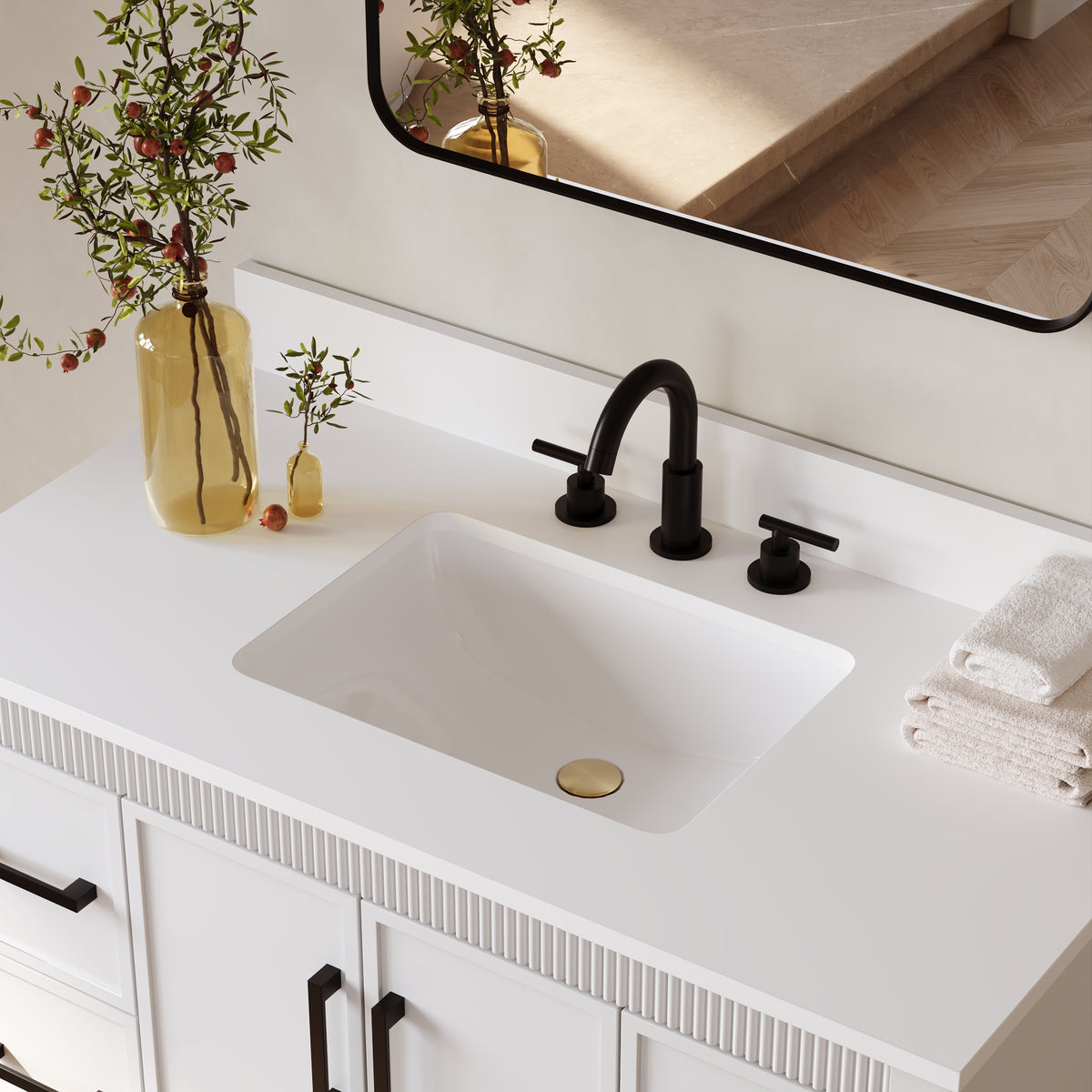 42 Inch Freestanding Solid Wood Bathroom Vanity with Fluted Molding, Pure White Quartz Countertop, White