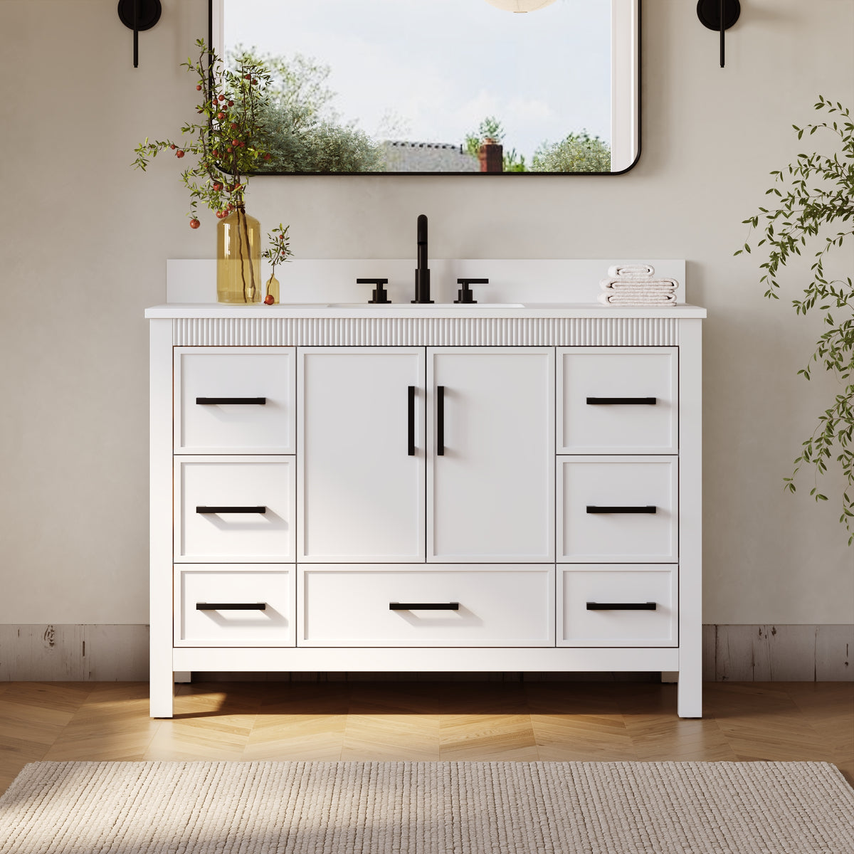 48 Inch Freestanding Solid Wood Bathroom Vanity with Fluted Molding, Pure White Quartz Countertop, White