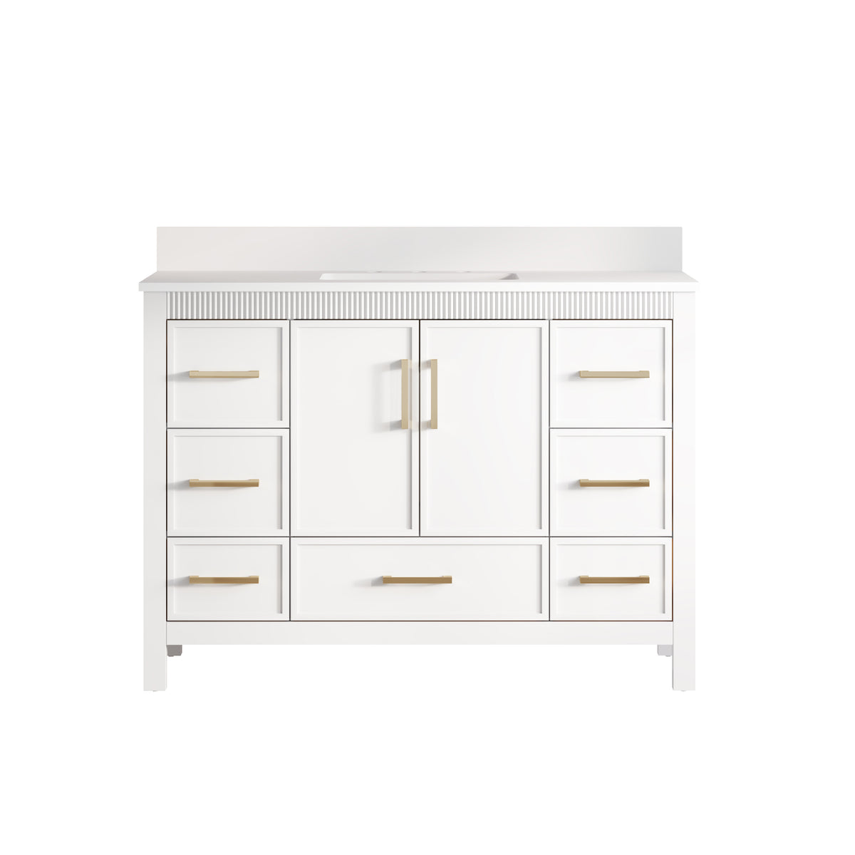 48 Inch Freestanding Solid Wood Bathroom Vanity with Fluted Molding, Pure White Quartz Countertop, White