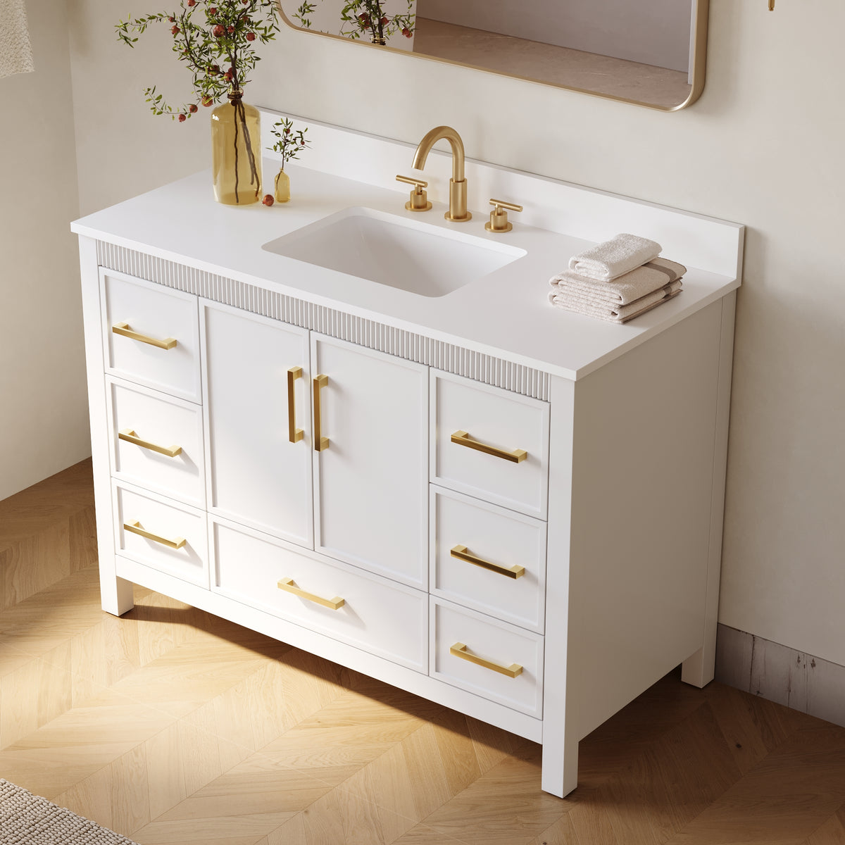 48 Inch Freestanding Solid Wood Bathroom Vanity with Fluted Molding, Pure White Quartz Countertop, White