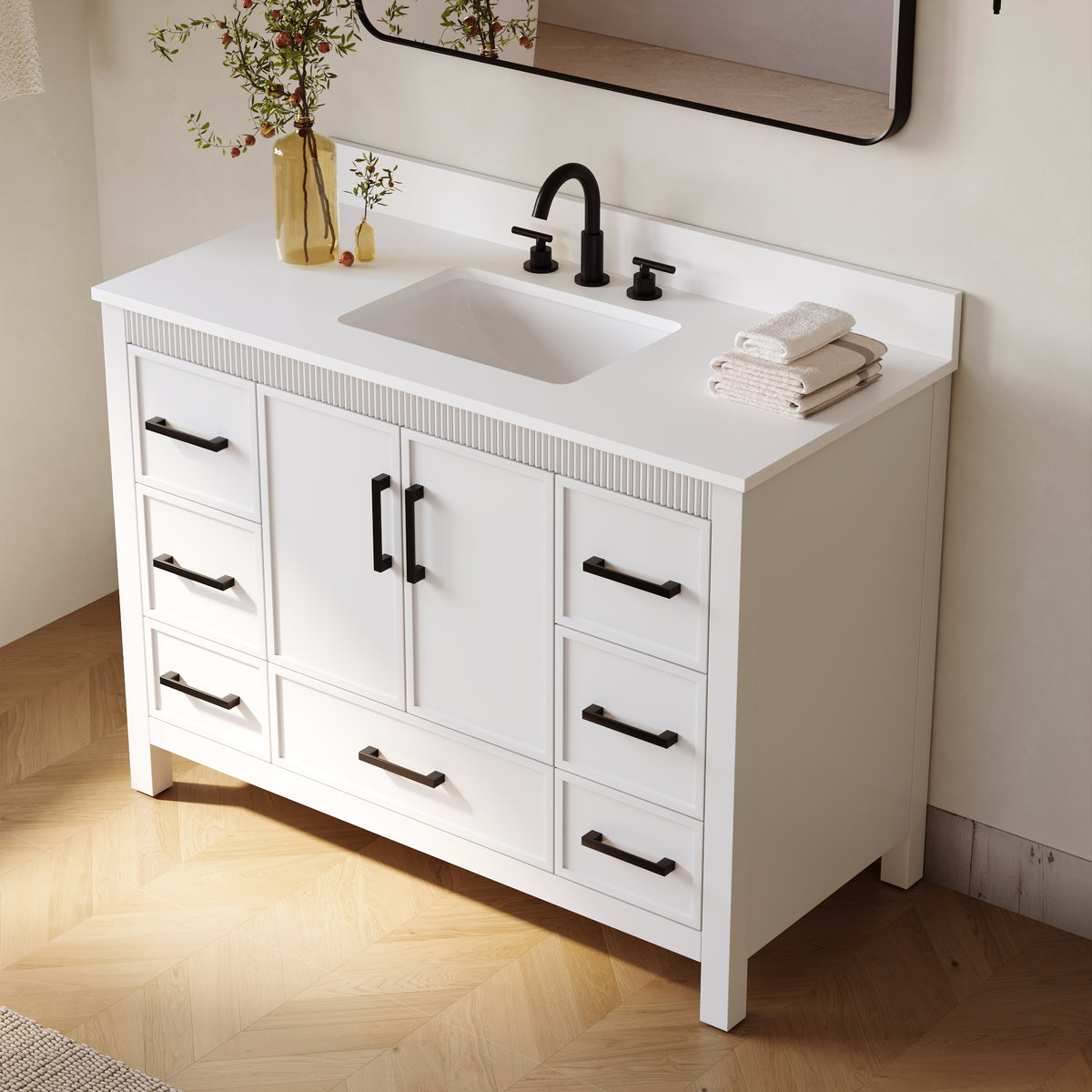 48 Inch Freestanding Solid Wood Bathroom Vanity with Fluted Molding, Pure White Quartz Countertop, White