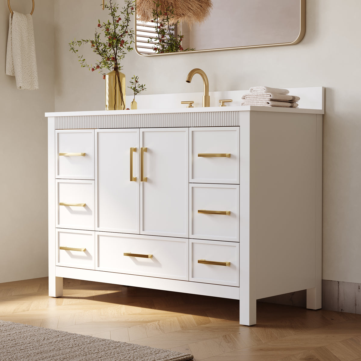 48 Inch Freestanding Solid Wood Bathroom Vanity with Fluted Molding, Pure White Quartz Countertop, White