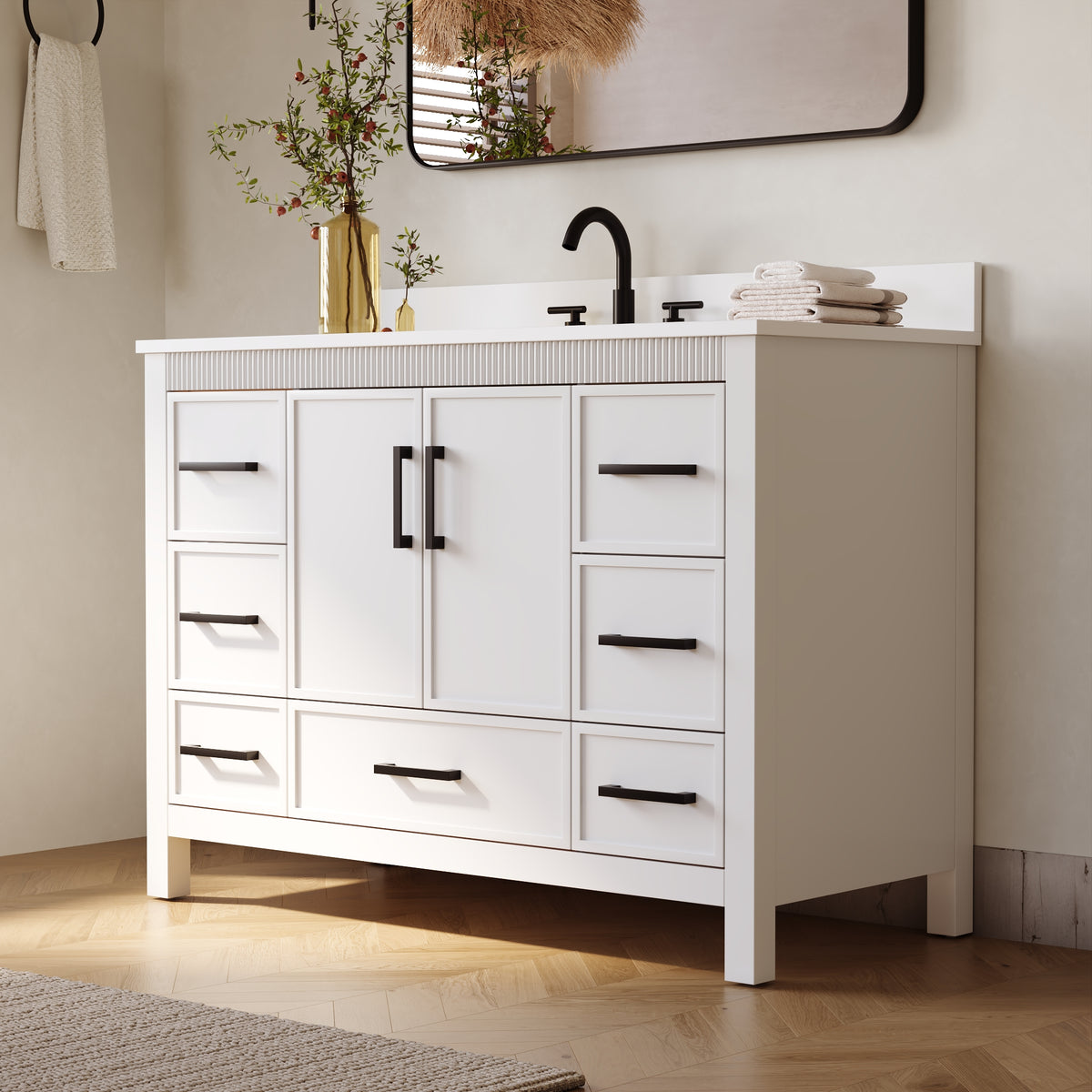 48 Inch Freestanding Solid Wood Bathroom Vanity with Fluted Molding, Pure White Quartz Countertop, White