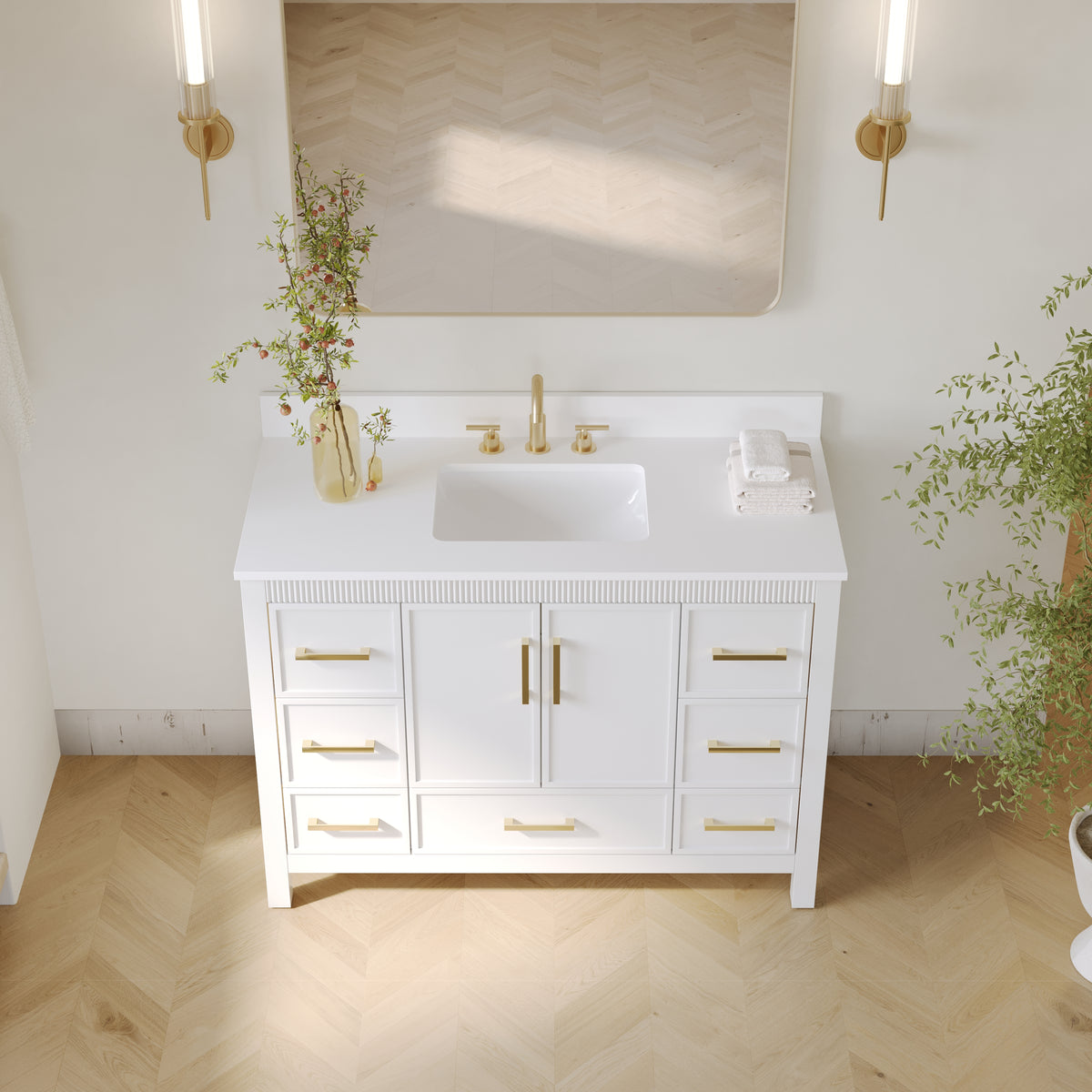 48 Inch Freestanding Solid Wood Bathroom Vanity with Fluted Molding, Pure White Quartz Countertop, White