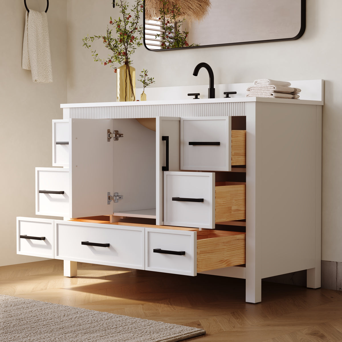 48 Inch Freestanding Solid Wood Bathroom Vanity with Fluted Molding, Pure White Quartz Countertop, White