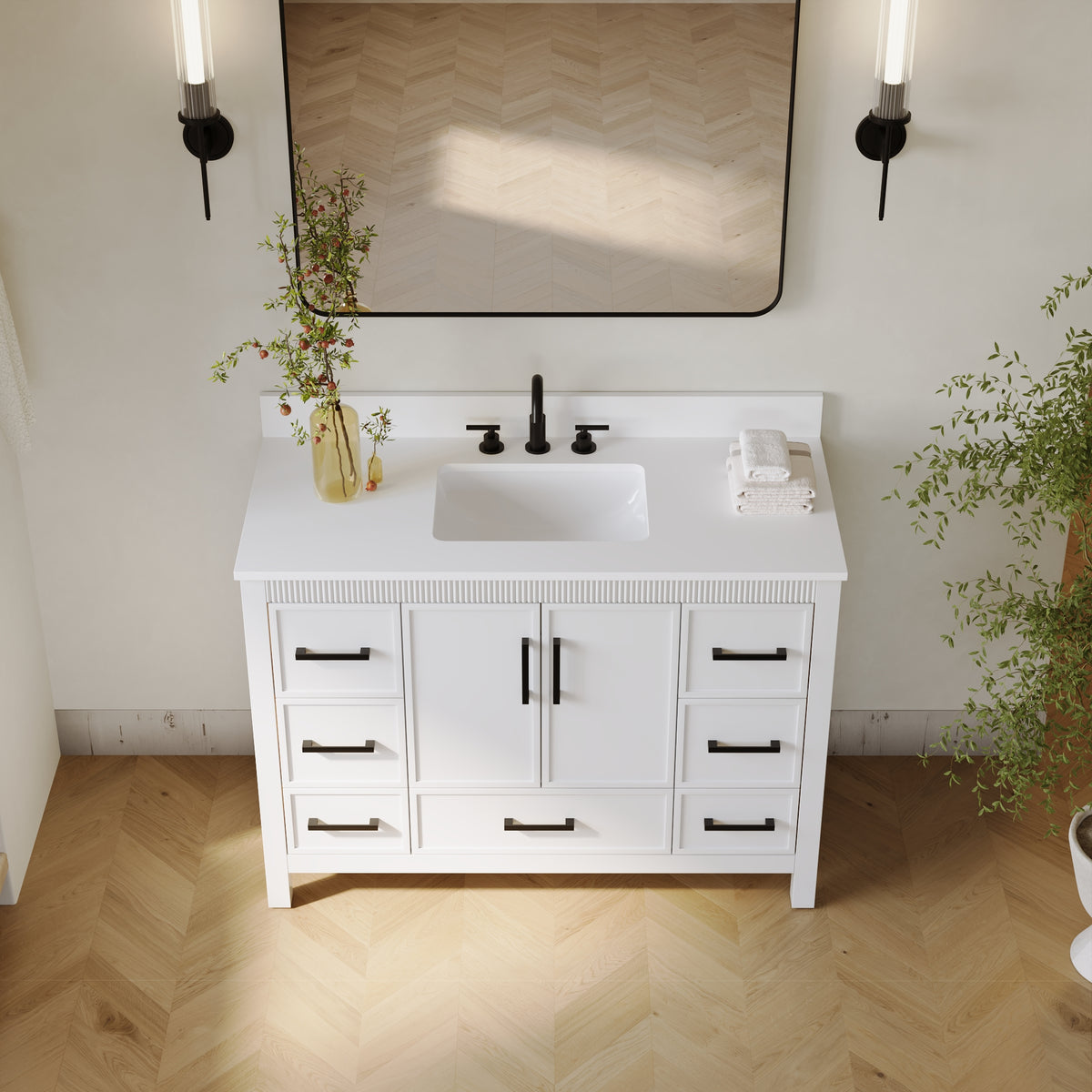48 Inch Freestanding Solid Wood Bathroom Vanity with Fluted Molding, Pure White Quartz Countertop, White