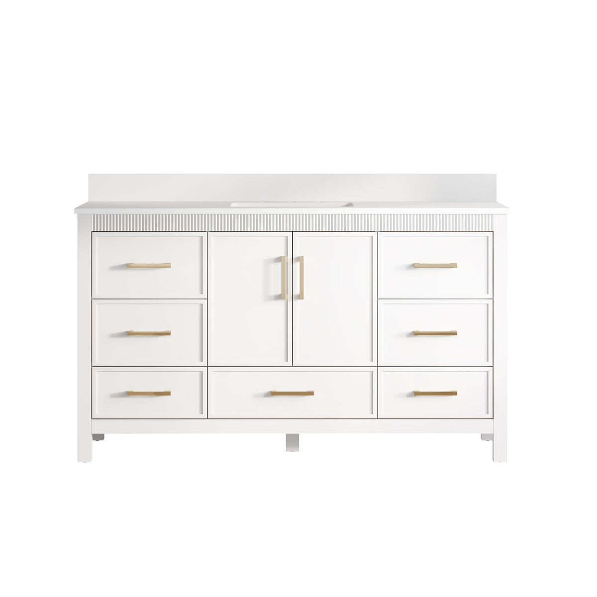 60 Inch Freestanding Solid Wood Bathroom Vanity with Pure White Quartz Countertop, 2 Soft-Close Doors & 7 Dovetail Drawers, White