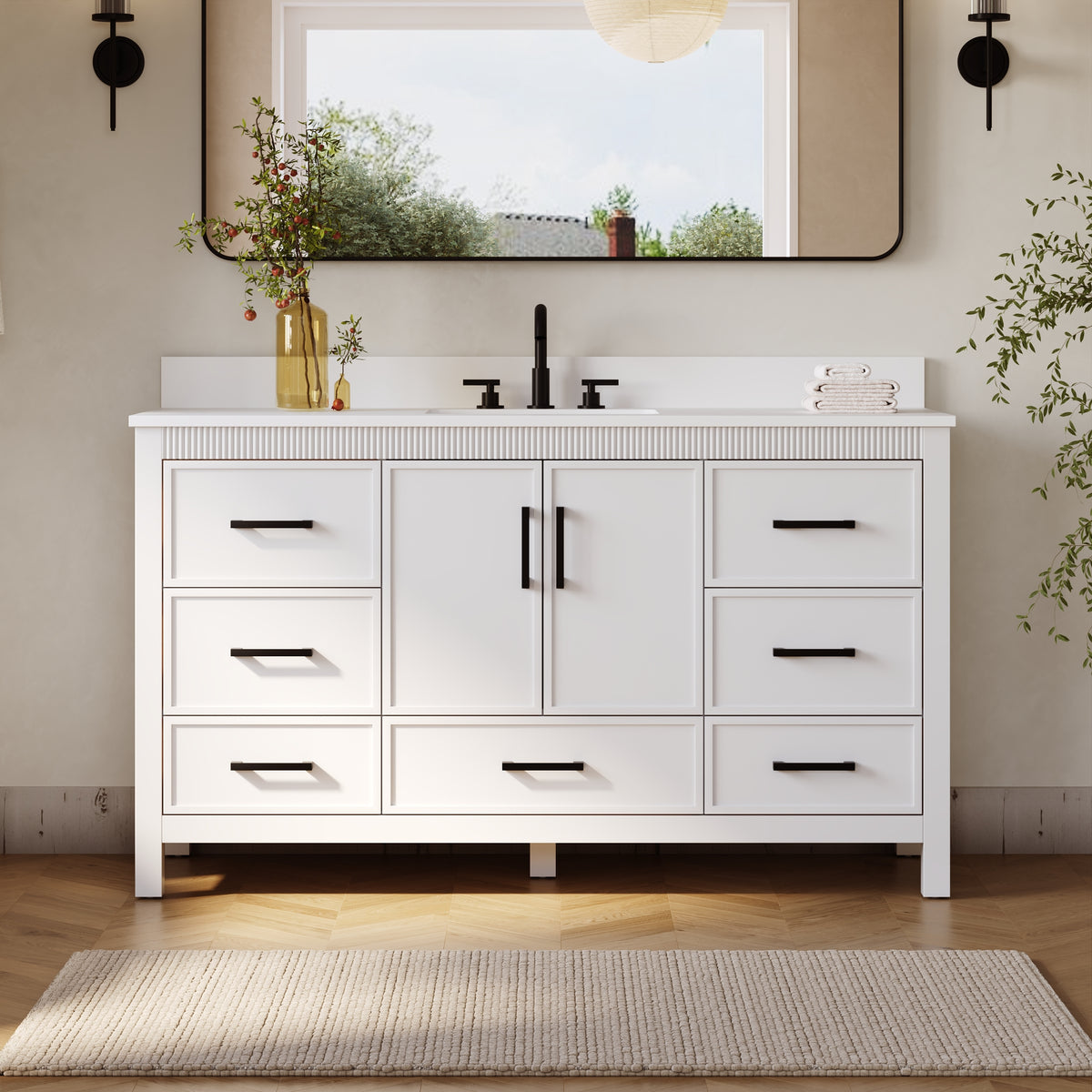 60 Inch Freestanding Solid Wood Bathroom Vanity with Pure White Quartz Countertop, 2 Soft-Close Doors & 7 Dovetail Drawers, White