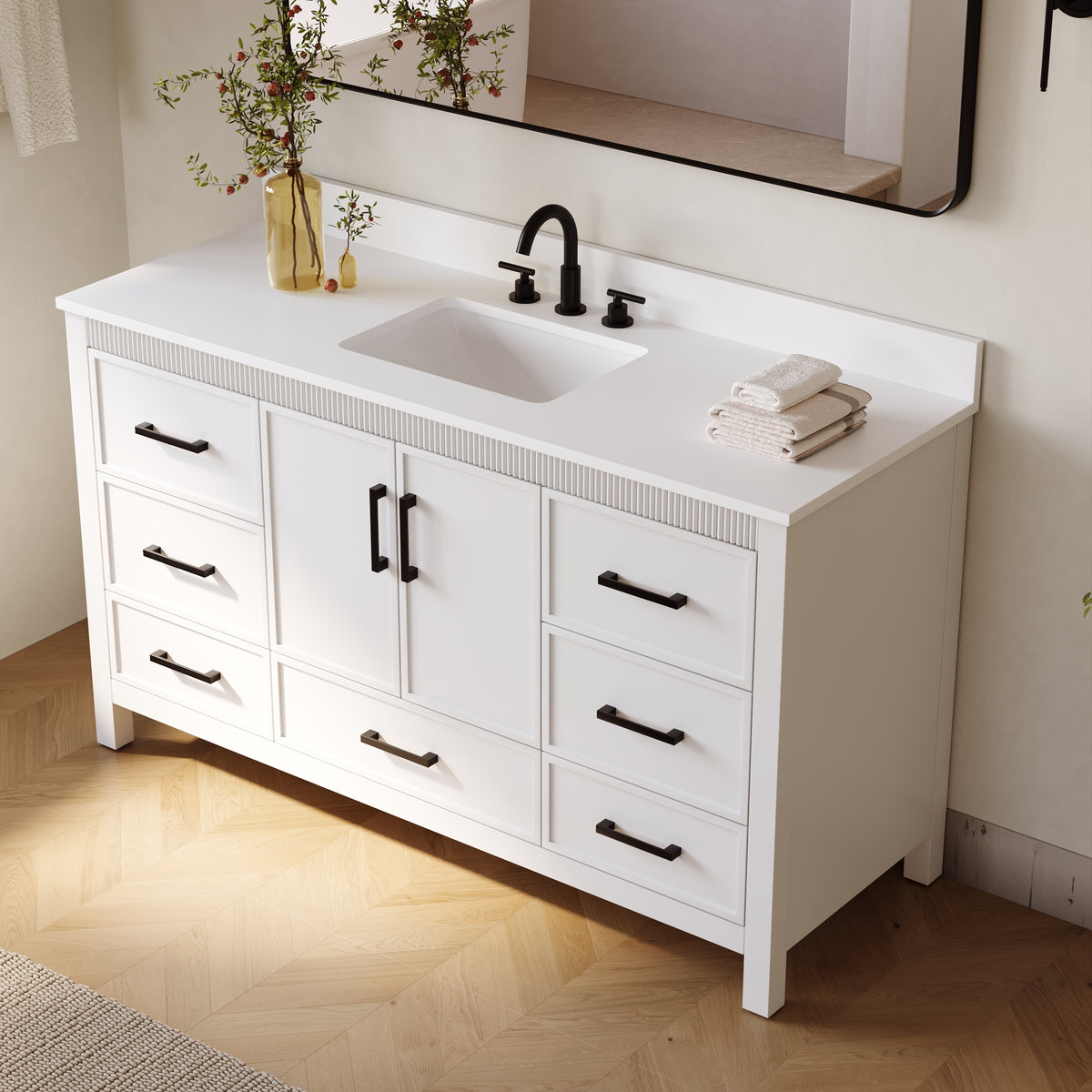 60 Inch Freestanding Solid Wood Bathroom Vanity with Pure White Quartz Countertop, 2 Soft-Close Doors & 7 Dovetail Drawers, White