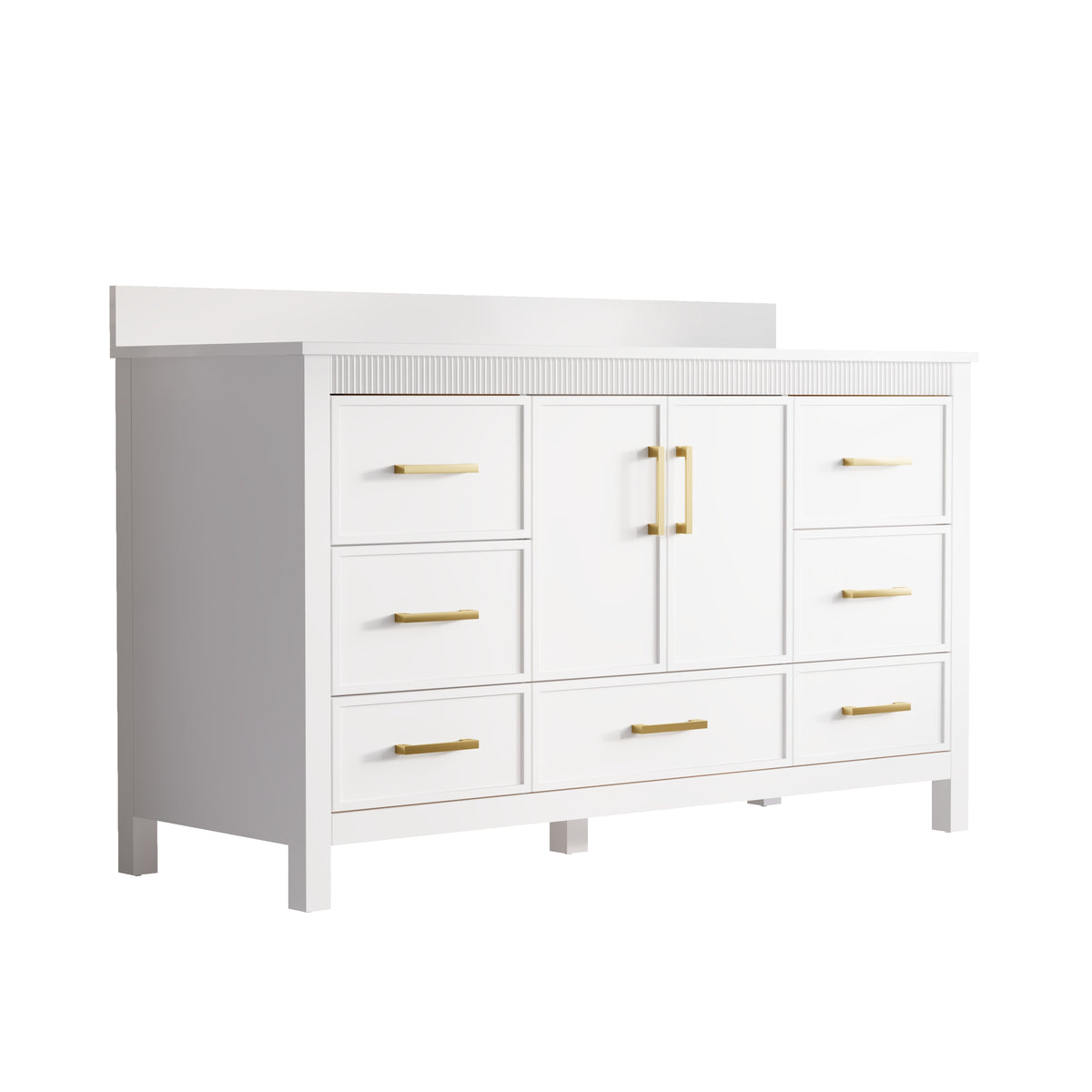 60 Inch Freestanding Solid Wood Bathroom Vanity with Pure White Quartz Countertop, 2 Soft-Close Doors & 7 Dovetail Drawers, White