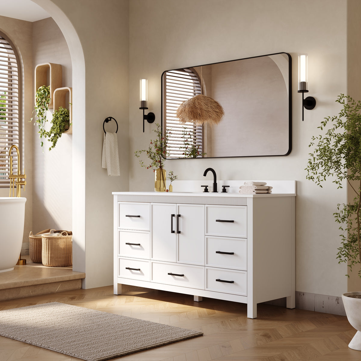 60 Inch Freestanding Solid Wood Bathroom Vanity with Pure White Quartz Countertop, 2 Soft-Close Doors & 7 Dovetail Drawers, White