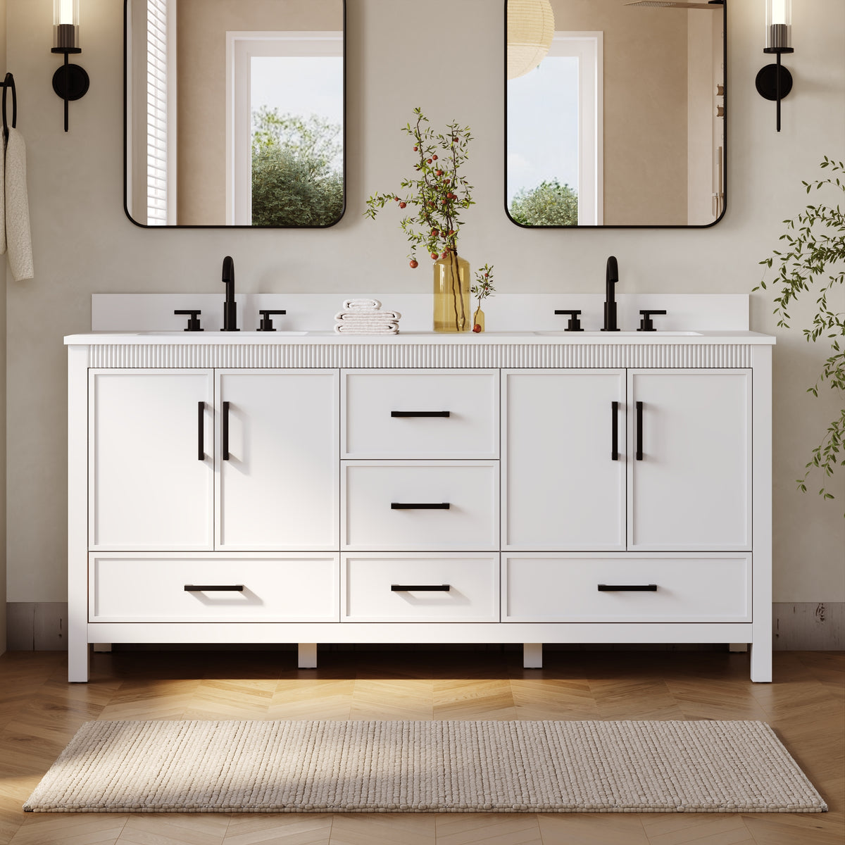 72 Inch Freestanding Solid Wood Bathroom Vanity with Pure White Quartz Countertop, 4 Soft-Close Doors & 5 Dovetail Drawers, White