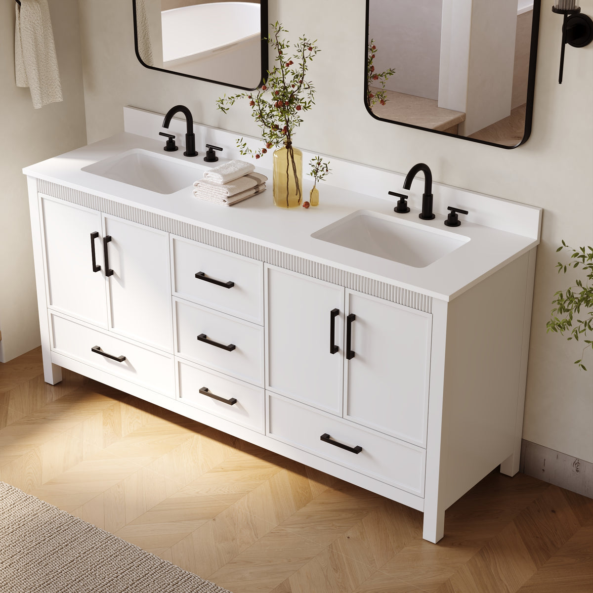 72 Inch Freestanding Solid Wood Bathroom Vanity with Pure White Quartz Countertop, 4 Soft-Close Doors & 5 Dovetail Drawers, White