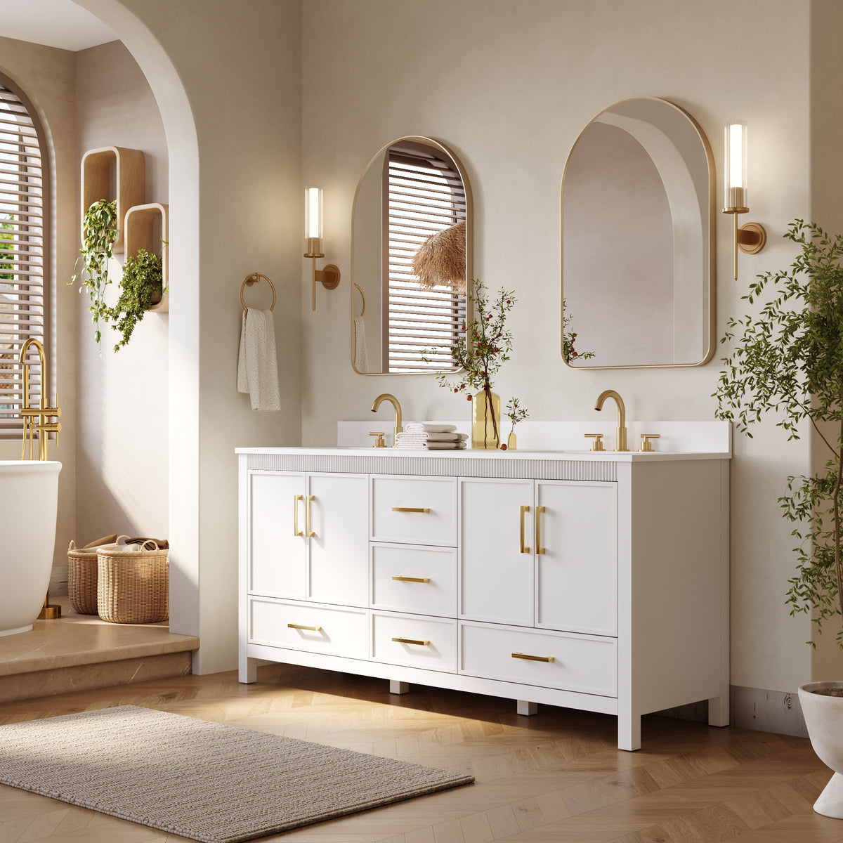 72 Inch Freestanding Solid Wood Bathroom Vanity with Pure White Quartz Countertop, 4 Soft-Close Doors & 5 Dovetail Drawers, White
