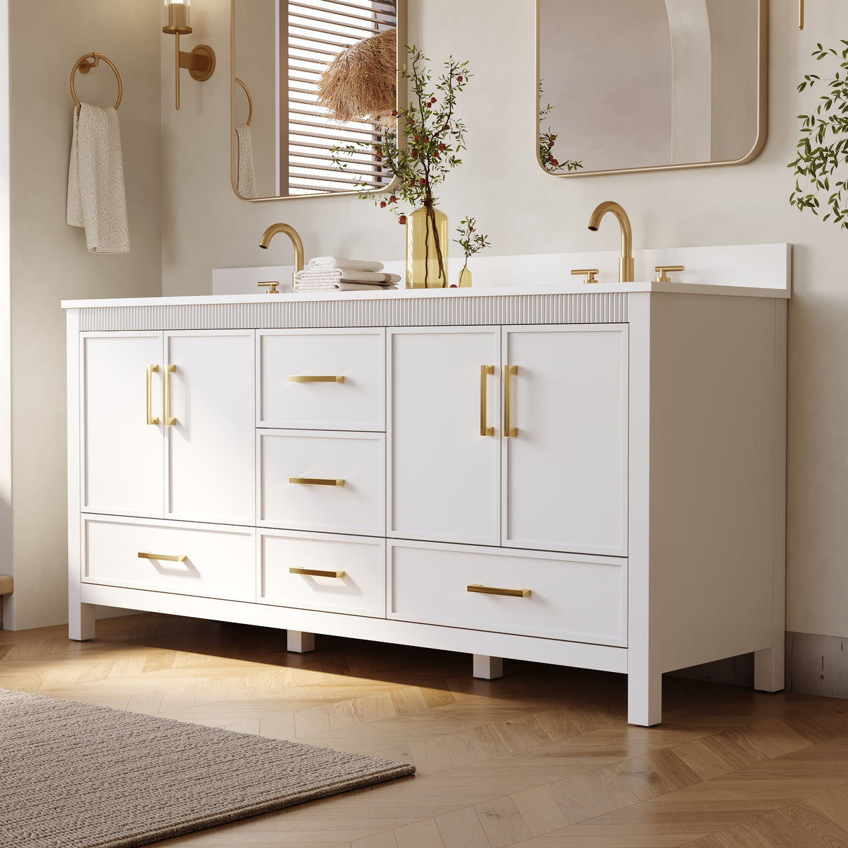 72 Inch Freestanding Solid Wood Bathroom Vanity with Pure White Quartz Countertop, 4 Soft-Close Doors & 5 Dovetail Drawers, White