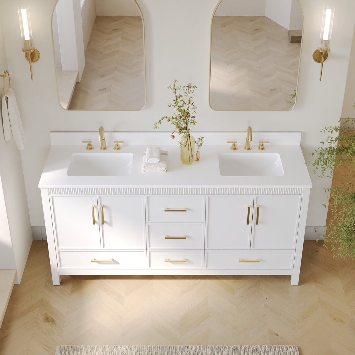 72 Inch Freestanding Solid Wood Bathroom Vanity with Pure White Quartz Countertop, 4 Soft-Close Doors & 5 Dovetail Drawers, White