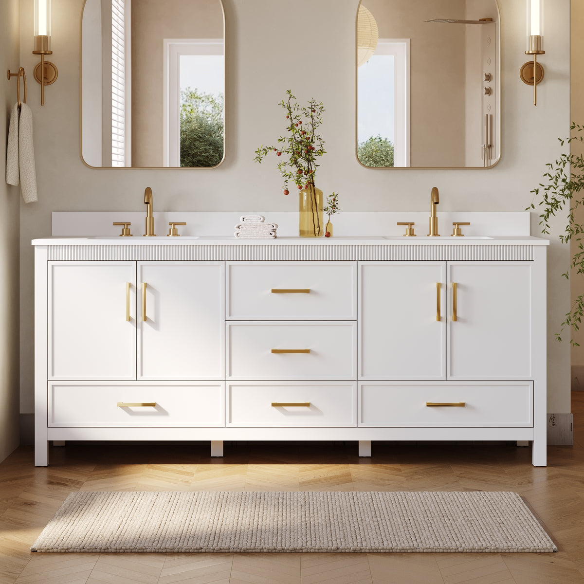 80 Inch Freestanding Solid Wood Bathroom Vanity with Pure White Quartz Countertop, 4 Soft-Close Doors & 5 Dovetail Drawers, White