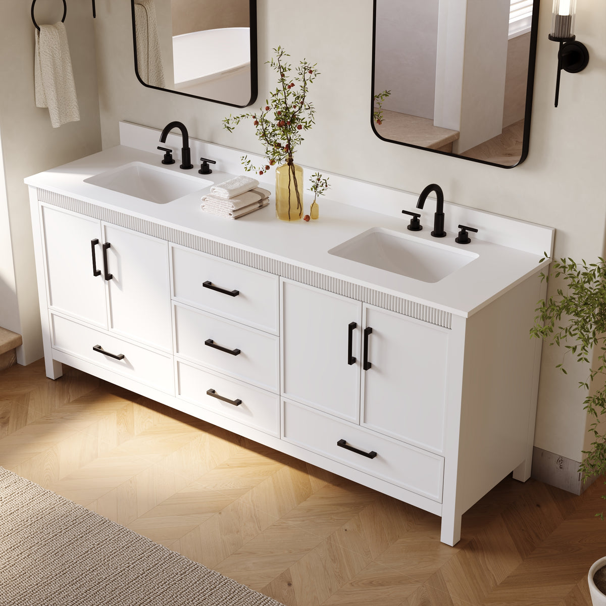 80 Inch Freestanding Solid Wood Bathroom Vanity with Pure White Quartz Countertop, 4 Soft-Close Doors & 5 Dovetail Drawers, White