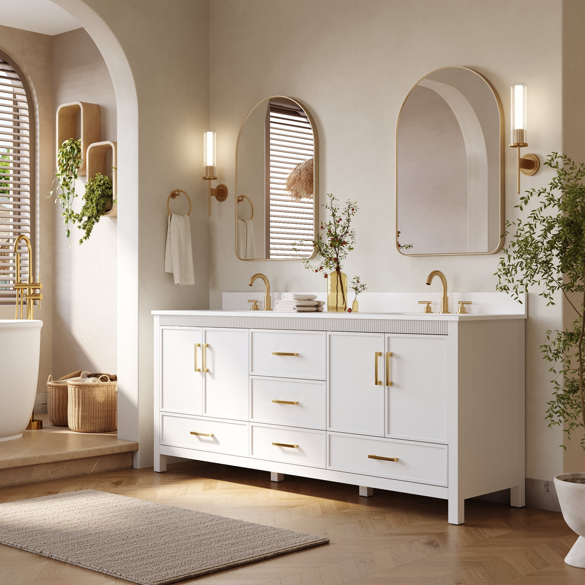 80 Inch Freestanding Solid Wood Bathroom Vanity with Pure White Quartz Countertop, 4 Soft-Close Doors & 5 Dovetail Drawers, White