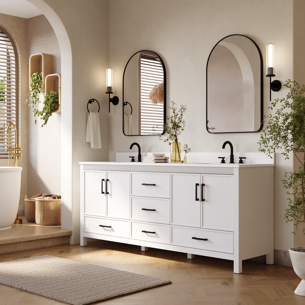 80 Inch Freestanding Solid Wood Bathroom Vanity with Pure White Quartz Countertop, 4 Soft-Close Doors & 5 Dovetail Drawers, White