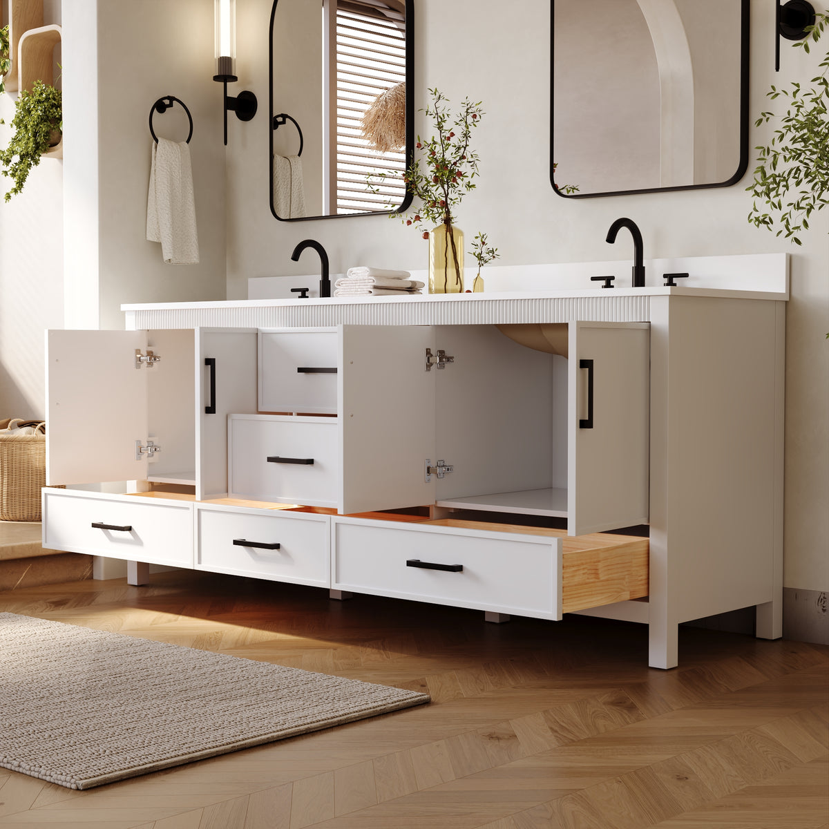 80 Inch Freestanding Solid Wood Bathroom Vanity with Pure White Quartz Countertop, 4 Soft-Close Doors & 5 Dovetail Drawers, White