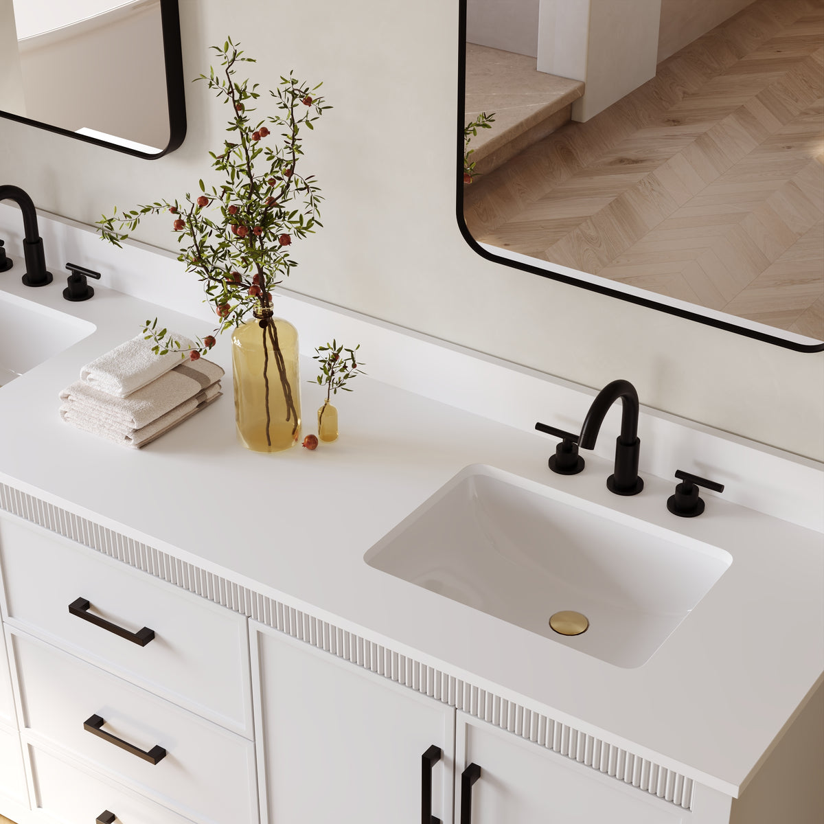80 Inch Freestanding Solid Wood Bathroom Vanity with Pure White Quartz Countertop, 4 Soft-Close Doors & 5 Dovetail Drawers, White