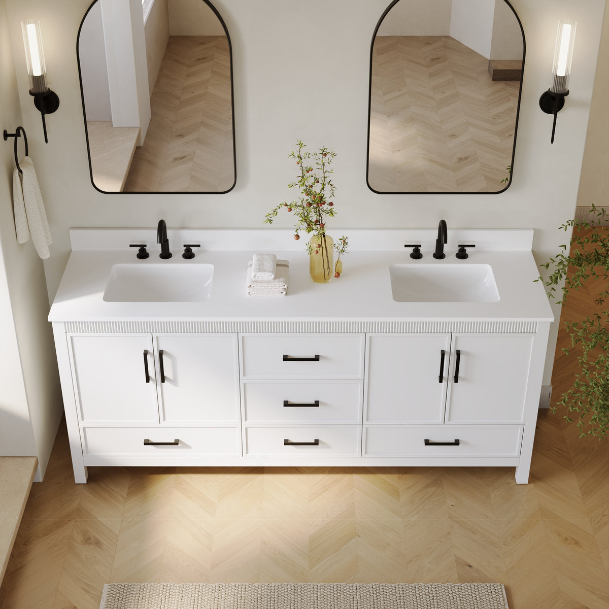 80 Inch Freestanding Solid Wood Bathroom Vanity with Pure White Quartz Countertop, 4 Soft-Close Doors & 5 Dovetail Drawers, White