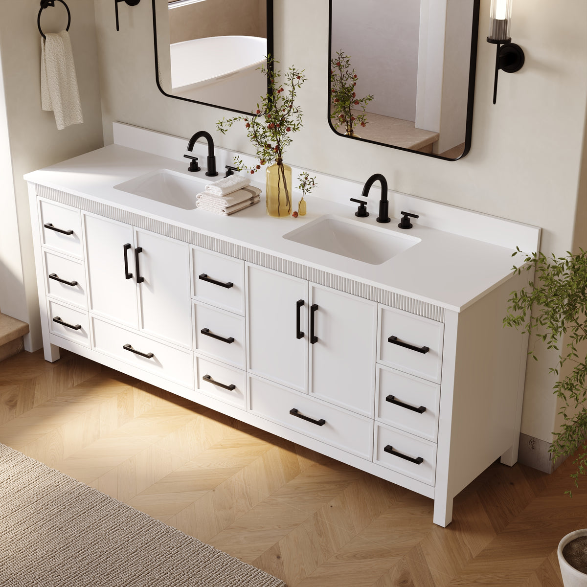 84 Inch Freestanding Solid Wood Bathroom Vanity with Pure White Quartz Countertop, 4 Soft-Close Doors & 11 Dovetail Drawers, White