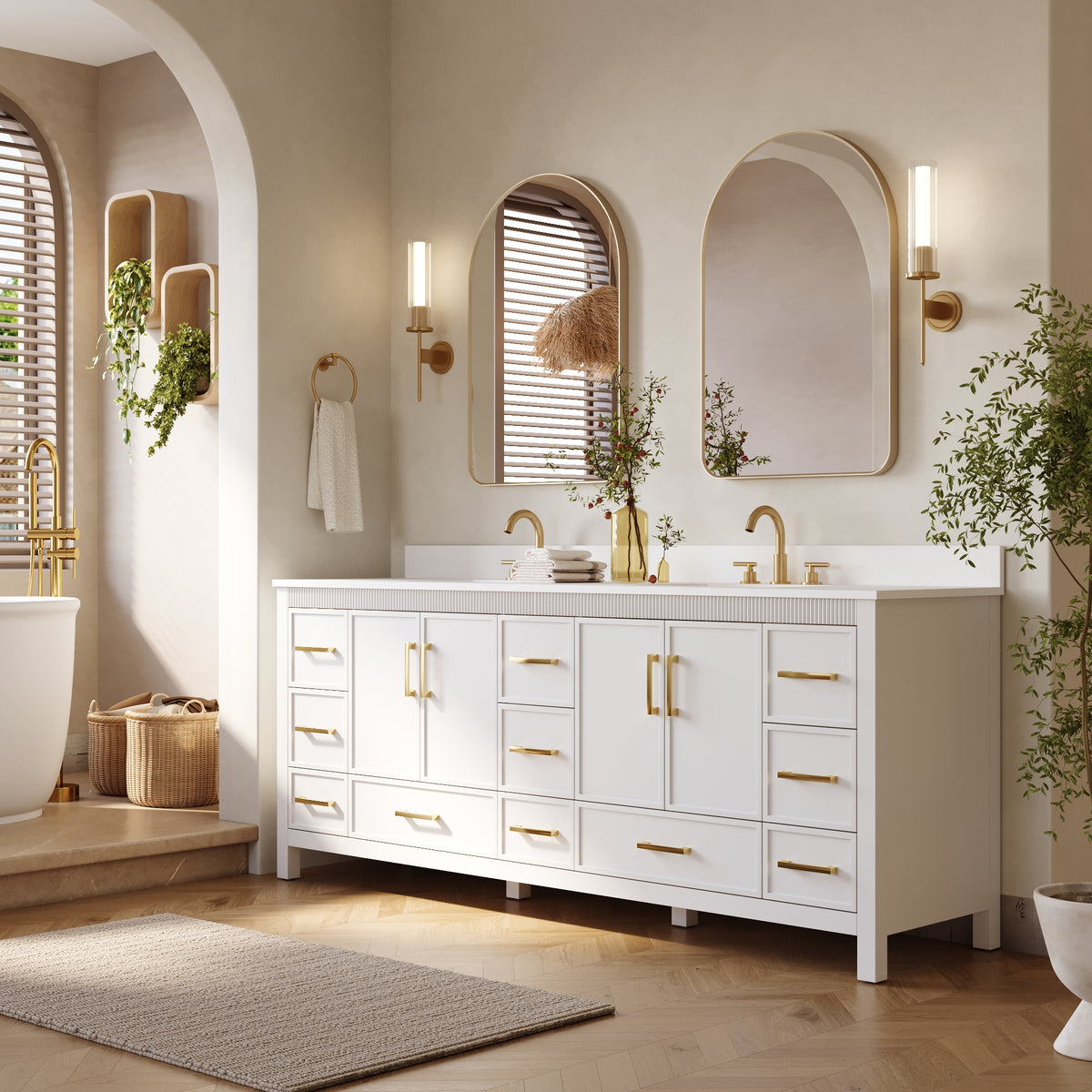 84 Inch Freestanding Solid Wood Bathroom Vanity with Pure White Quartz Countertop, 4 Soft-Close Doors & 11 Dovetail Drawers, White