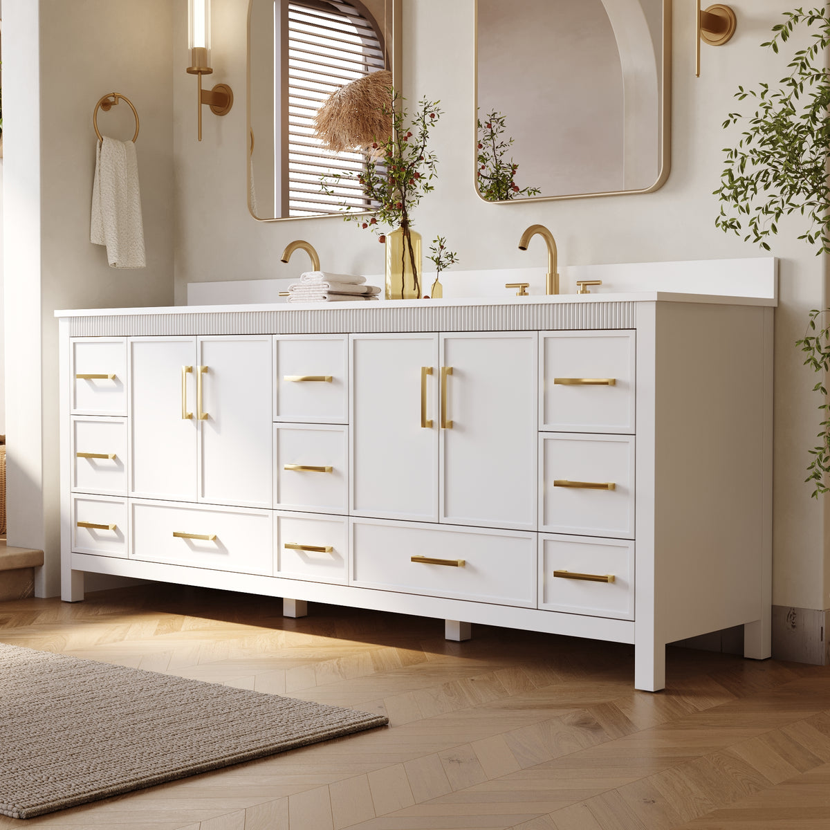 84 Inch Freestanding Solid Wood Bathroom Vanity with Pure White Quartz Countertop, 4 Soft-Close Doors & 11 Dovetail Drawers, White