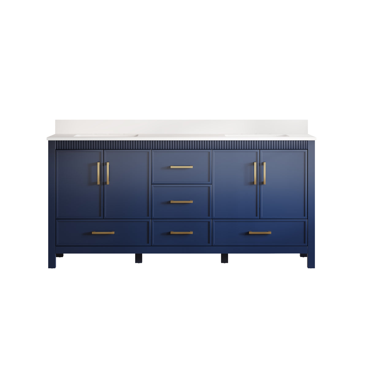 72 Inch Freestanding Solid Wood Bathroom Vanity with Pure White Quartz Countertop, 4 Soft-Close Doors & 5 Dovetail Drawers, Navy Blue