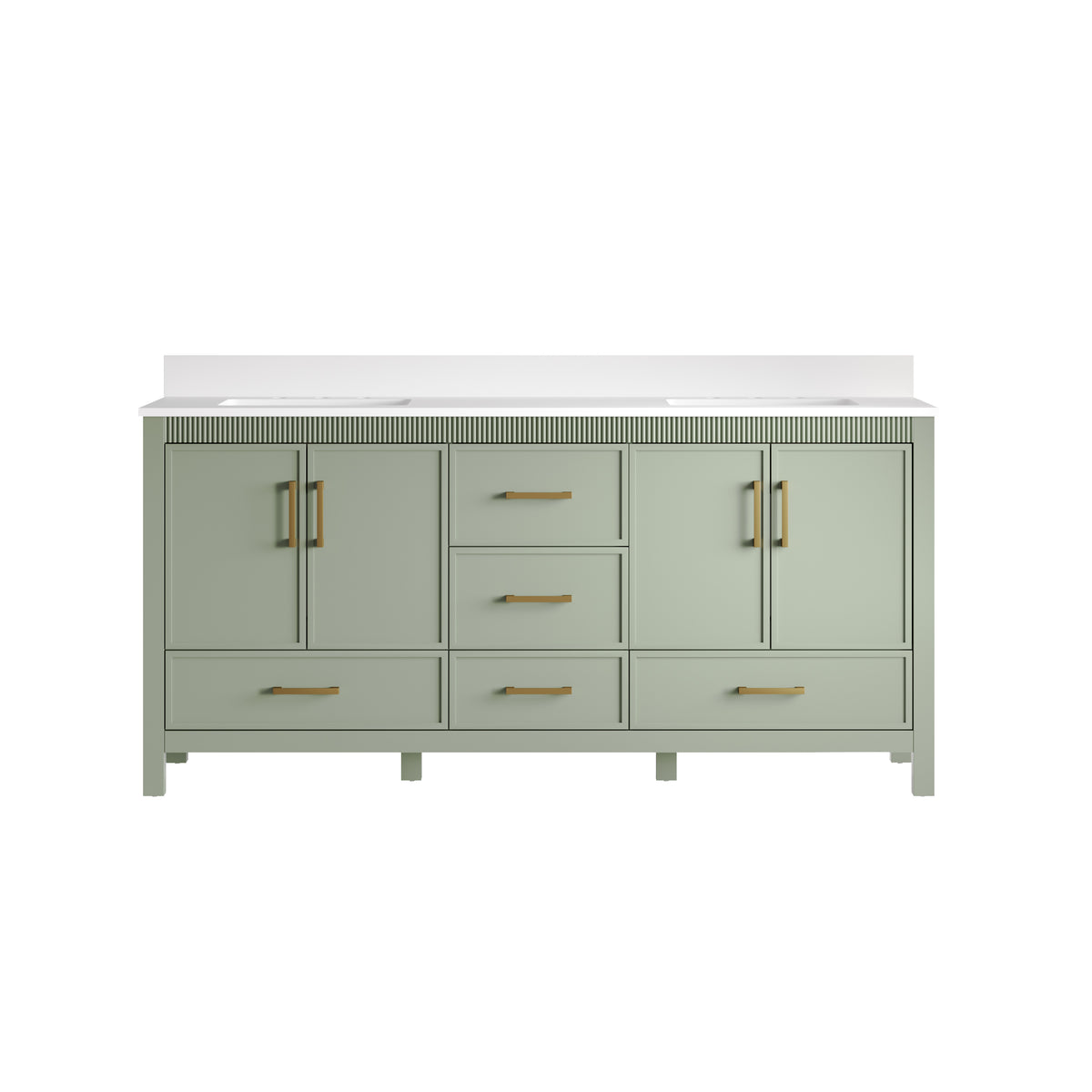 72 Inch Freestanding Solid Wood Bathroom Vanity with Pure White Quartz Countertop, 4 Soft-Close Doors & 5 Dovetail Drawers, SAGE GREEN