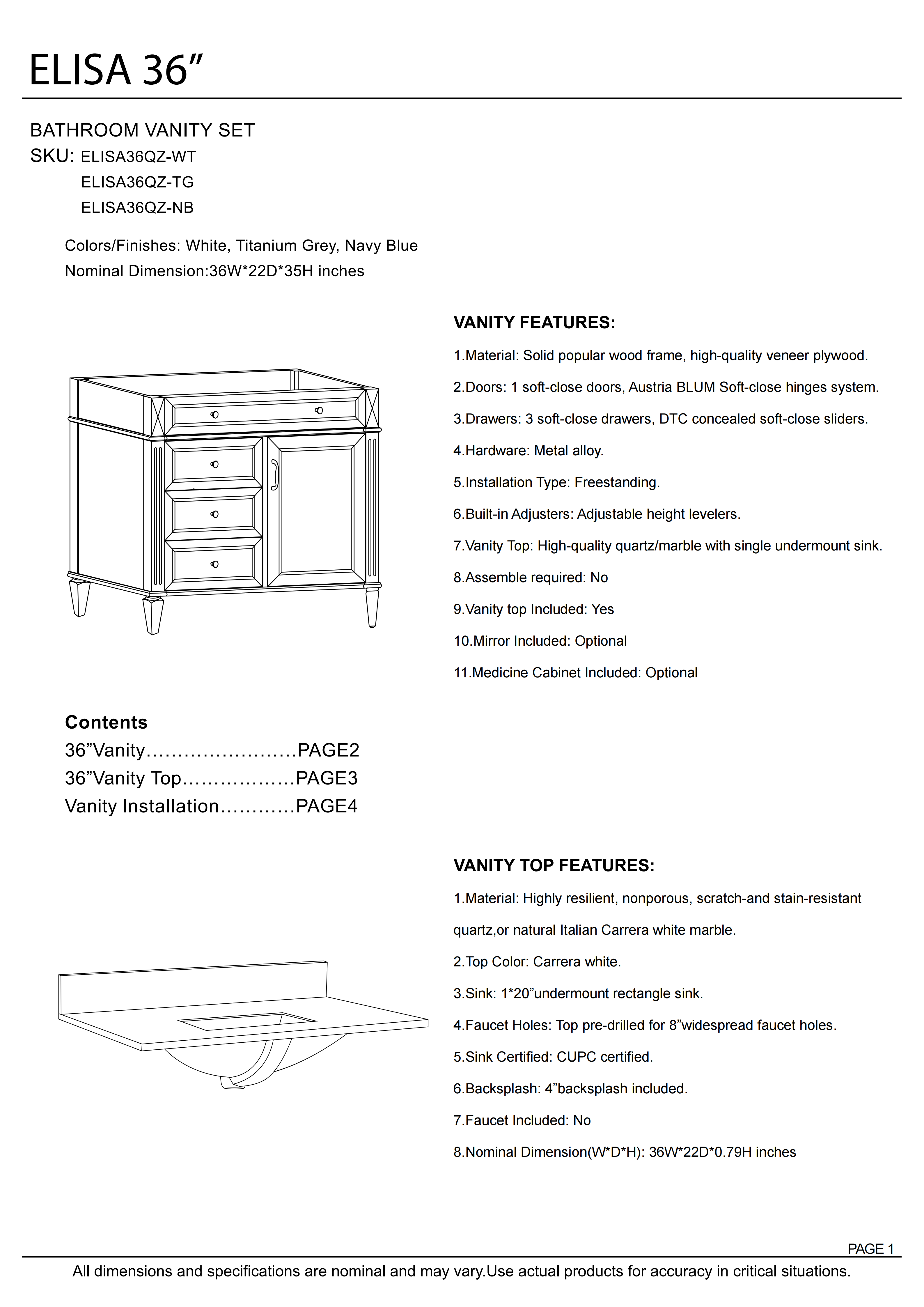 36 in. White Bathroom Vanity with Carrara white Quartz Top and Single Basin